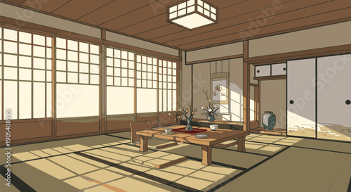 Traditional Japanese Room Interior with Tatami Mat.