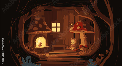 Fantasy Mushroom House Interior Scene Illustration.