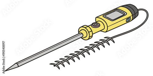 A vector graphic illustration of a yellow and black electric screwdriver with interchangeable bits on a white background