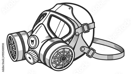 A black and white illustration of a gas mask with filters and straps
