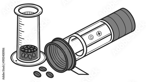 A black and white vector illustration of a pill bottle and a measuring cylinder with pills