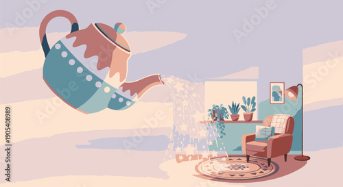 Teapot Pouring Water in Mid Air Illustration.
