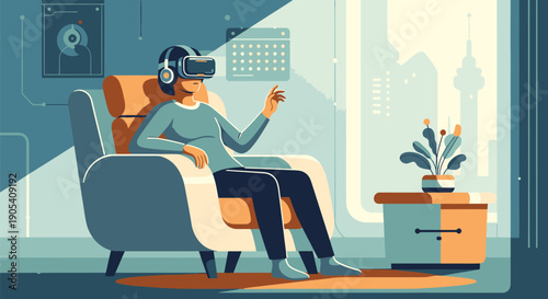 Man Wearing Virtual Reality Headset Sitting.