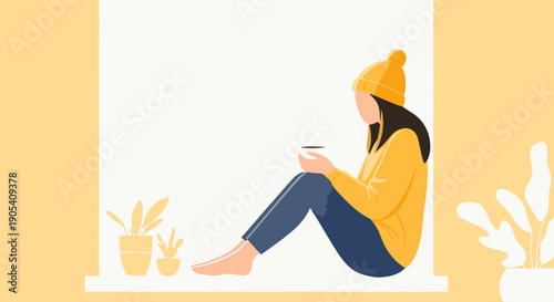 Woman Relaxing with Coffee and Plants.