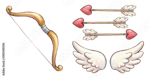 Cupid bow and arrow with white angel wings