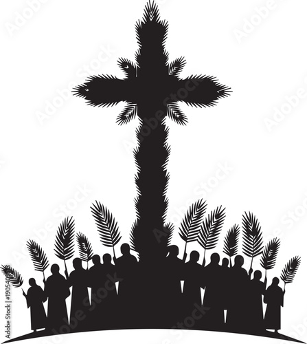 Palm sunday procession vector silhouette illustration with cross and people holding leaves