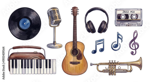 Music collection featuring vintage audio devices