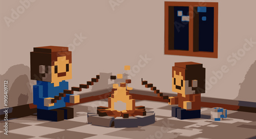 Pixel Art Men Cooking Food on Fire.