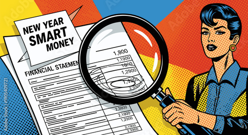 Woman Examining Financial Documents with Magnifying Glass.