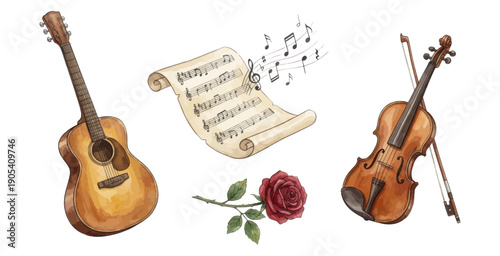 Romantic musical instruments with rose and score