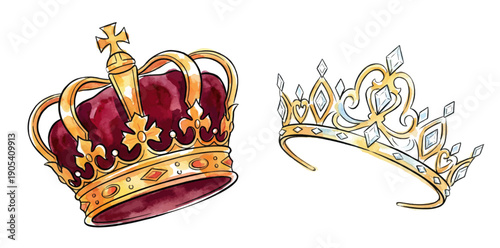 Two crowns golden and silver decorated with gems