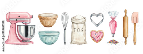 Watercolor baking essentials and ingredients collection