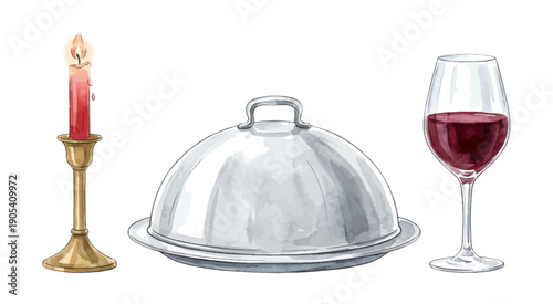 Watercolor candle with cloche and red wine glass