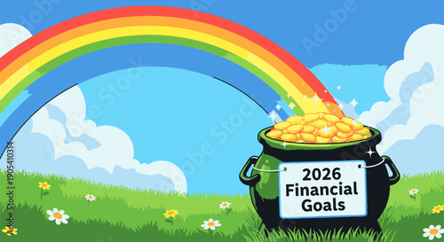 Pot of Gold Coins with Financial Goals Label.