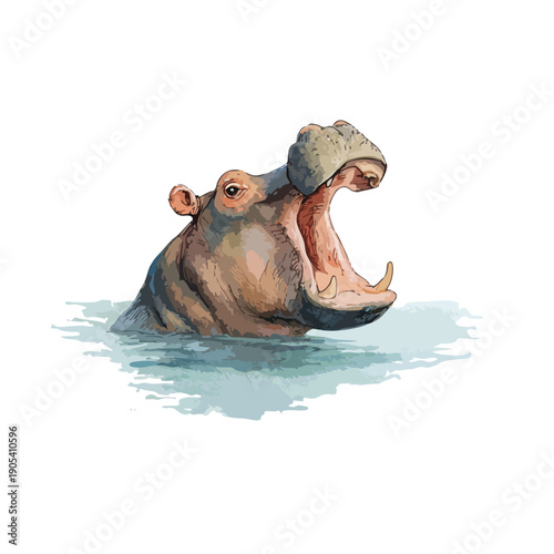 Powerful Hippopotamus with Open Mouth in Water Watercolor Illustration.