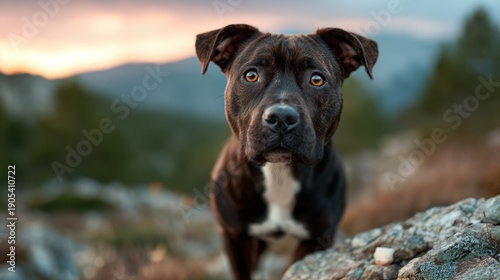 An adorable close-up of a curious dog standing on a rocky surface, showcasing its shiny brown coat against a backdrop of a stunning natural landscape at sunset.