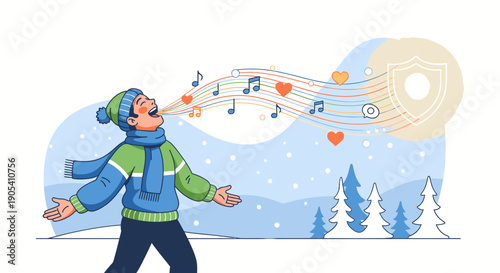 Young Boy Singing in Winter Outfit.