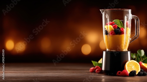 A captivating image showcases a blender filled with fresh fruits, including berries and tropical selections, creating a refreshing smoothie vibrant in color and texture.