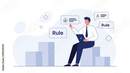 Businessman Sitting on Steps with Laptop, Following Rules and Guidelines