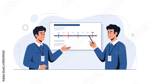 Two businessmen presenting a timeline on a whiteboard with graphs and data