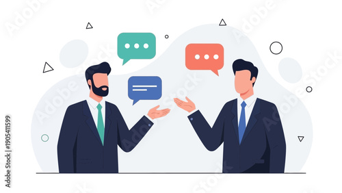 Two businessmen in suits discussing ideas with speech bubbles, modern flat design