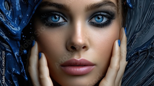 Artistic Beauty Portrait with Intense Blue Eyes and Blue Liquid Art