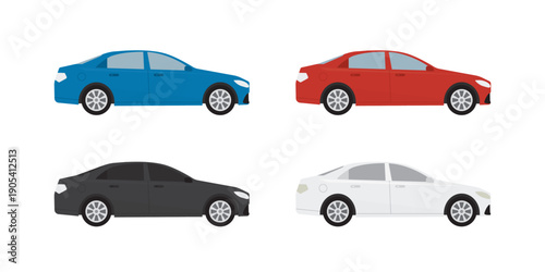 Set of four modern sedan cars in different colors - blue, red, black, and white, shown from a side view. Design is ideal for car rental, dealership, or transportation service. flat vector illustration