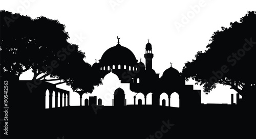 Silhouette of mosque architecture with domes and minarets against a white background