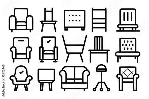 Diverse Collection of Minimalist Furniture Outline Icons for Interior Design and Home Decor Graphics. Vector Illustrations of Chairs, Armchairs, and Sofas
