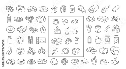 Collection of Various Food Icons Outlined.