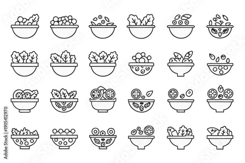Collection of twenty salad bowls with various toppings and ingredients in a simple outline style design