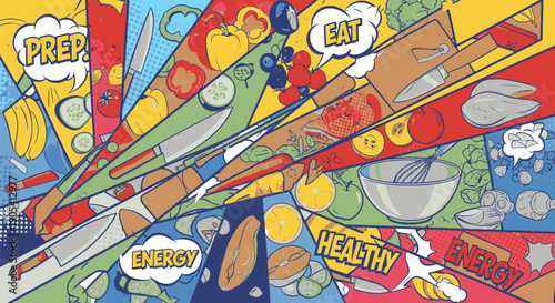 Colorful Comic Style Healthy Food Collage.