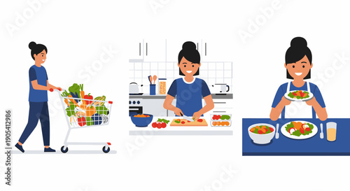 Woman Shopping Cooking and Serving Food.