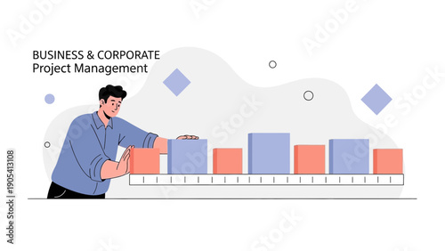 Man arranging project management chart bars, business strategy and planning concept
