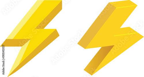 Dynamic 3D yellow lightning bolt symbols, illustrating power, speed, and electricity, presented as clean vector graphics for digital projects and energy-related designs