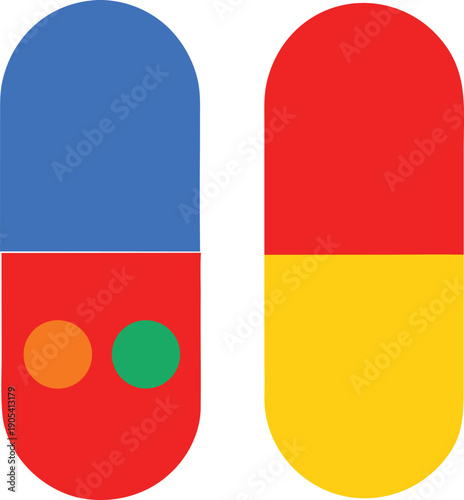 Vibrant capsule illustration with two distinct halves, one blue and red, the other red and yellow, featuring two circular accents