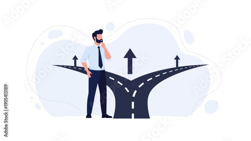 Man at Crossroads Making Decision, Business Strategy and Future Choices