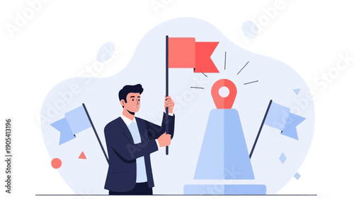 Businessman Planting Red Flag on Goal Peak, Achieving Success and Victory