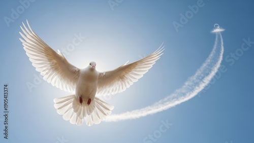 Radiant White Dove Soaring Against a Bright Blue Sky with a Cont
