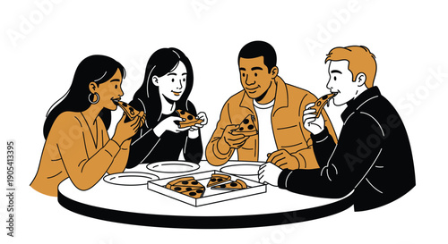 Four friends enjoying pizza and drinks together