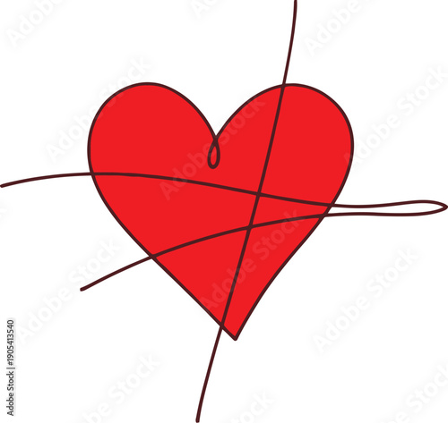 Stylized red heart symbol entangled with abstract black lines suggesting complication or restriction against a white background.