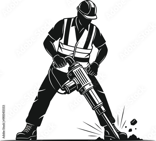 Construction worker in full gear powerfully operating a heavy duty jackhammer tool to break up concrete or pavement on site