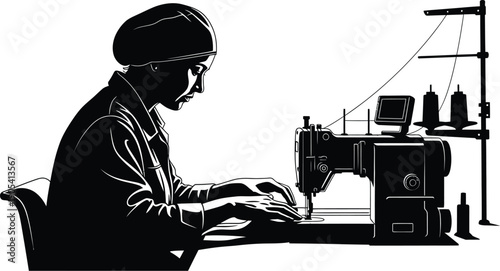 Focused female garment worker skillfully operating a professional industrial sewing machine in a high contrast silhouette design