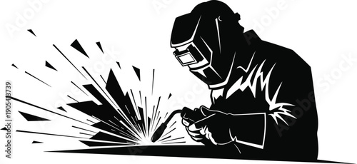 Black and white graphic illustration of a skilled welder wearing a protective helmet performing metal fabrication work with bright sparks flying out.