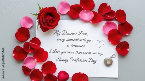 Romantic Confession Day Message with Red Rose and Scattered Peta