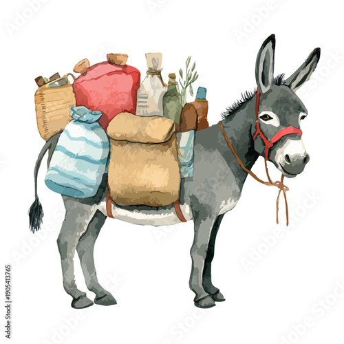 Traditional Pack Donkey Loaded with Supplies Watercolor Illustration.