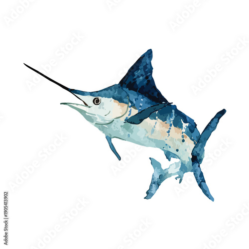 Vibrant Blue Marlin Watercolor Illustration Ocean Fish Art.