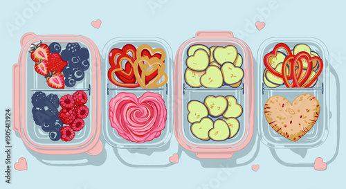 Healthy Heart Shaped Snacks in Containers.