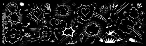 Comic burst effect vector bundle. White color speed lines, explosion smoke, impact frame, arrow, love heart. Pop superhero animation kit with doodle cartoon air elements on black bg
