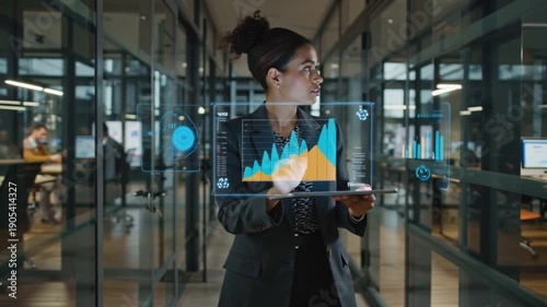 A confident businesswoman walking modern co-working space, holding AR tablet projecting floating 3D charts graphs, other professionals working sleek minimalist furniture, natural sunlight streaming